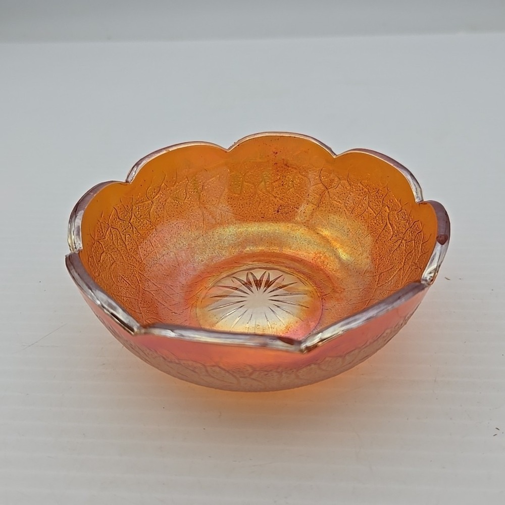 VTG Jeanette Marigold Orange Carnival Glass Crackle 4 -1/4"  Bowl Scalloped